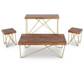 Walter Brass Inlay Occasional Table Set in Warm Pine and Brass