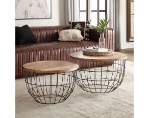 Akins Nesting Caged Accent Tables in Weathered Honey Finish with Pewter Base Set of 2