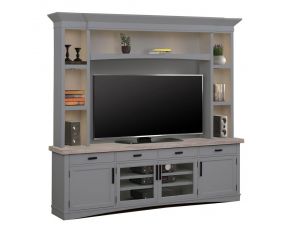 Americana Modern 92 Inch TV Console with Hutch and LED Lights in Dove