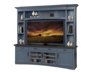 Americana Modern 92 Inch TV Console with Hutch, Backpanel and LED Lights in Denim