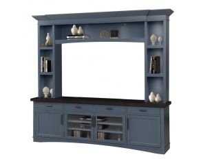 Americana Modern 92 Inch TV Console with Hutch and LED Lights in Denim