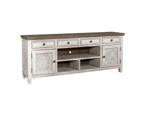 Heartland 76 Inch Tile TV Console in Antique White Finish with Tobacco Tops