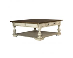 Morgan Creek Drawer Square Cocktail Table in Antique White Finish with Wire Brushed Tobacco Accents
