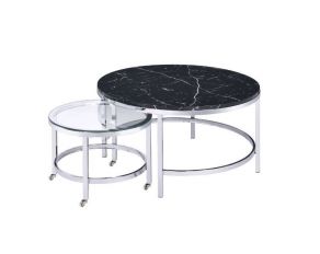 Virlana Coffee Table Set in Clear Glass Faux Black Marble and Chrome Finish