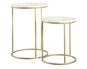 2-Piece Round Marble Top Nesting Tables in White And Gold