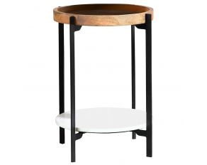 Round Accent Table With Marble Shelf in Natural And Black