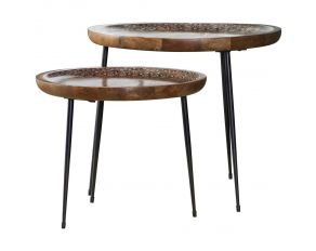 Nuala 2-piece Round Nesting Table with Tripod Tapered Legs in Honey and Black