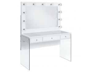 Jacey Vanity Desk with Mirror and Lightbulbs in White Finish