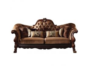 Acme Furniture Dresden Sofa with 7 Pillows in Golden Brown Velvet/Cherry Oak