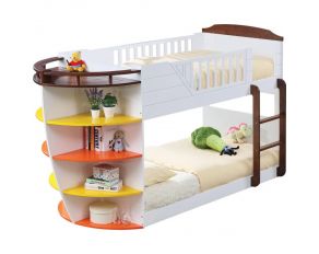 Neptune Twin over Twin Bunk Bed with Storage Shelves in White and Chocolate