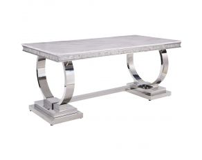 Zander Dining Table in White Printed Faux Marble and Mirrored Silver