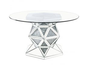 Noralie Mirrored Round Dining Table with Glass Top and Faux Diamonds Inlay in Clear