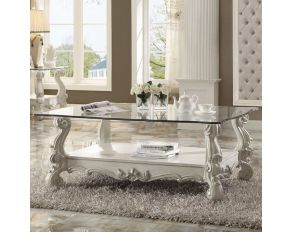 Versailles Coffee Table with Clear Glass Top in Bone White