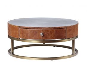 Tamas Coffee Table with Drawer in Aluminum and Cocoa Top Grain Leather