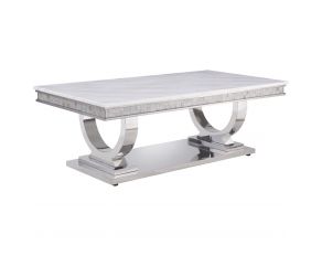 Zander Coffee Table in White Printed Faux Marble and Mirrored Silver