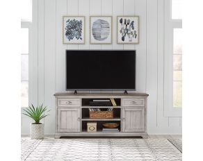 Ocean Isle 64 Inch Entertainment TV Stand in Antique White Finish with Weathered Pine