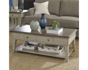 Ivy Hollow Drawer Cocktail Table in Weathered Linen with Dusty Taupe Top