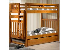 Tall Mission Twin over Twin Bunk Bed with Twin Trundle Bed in Honey