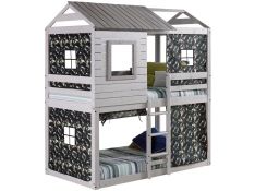 Tree House Twin over Twin Deer Blind Bunk Loft with Green Camo Tent and Slat Kits in Rustic Light Grey