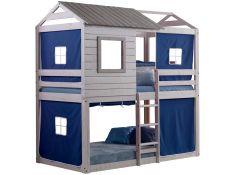 Tree House Twin over Twin Deer Blind Bunk Loft with Blue Tent and Slat Kits in Rustic Light Grey