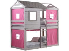 Tree House Twin over Twin Deer Blind Bunk Loft with Pink Tent and Slat Kits in Rustic Light Grey