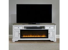 Fireplace TV Consoles 82 Inch Console with Firebox in Antique White and Weathered Brown