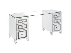 Noralie 63 Inch Mirrored Writing Desk with Glass Top and Faux Diamond Inlays