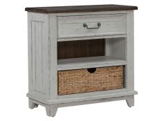 River Place Bedside Chest with Charging Station in Riverstone White and Tobacco