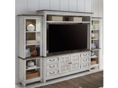 River Place Entertainment Center with Piers in Riverstone White and Tobacco