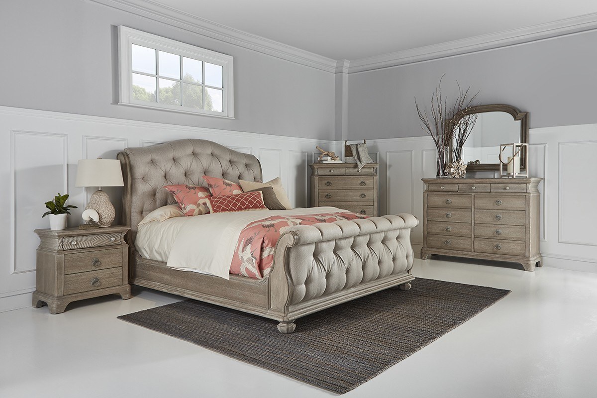 Summer Creek Upholstered Sleigh Bedroom Collections In Medium Oak