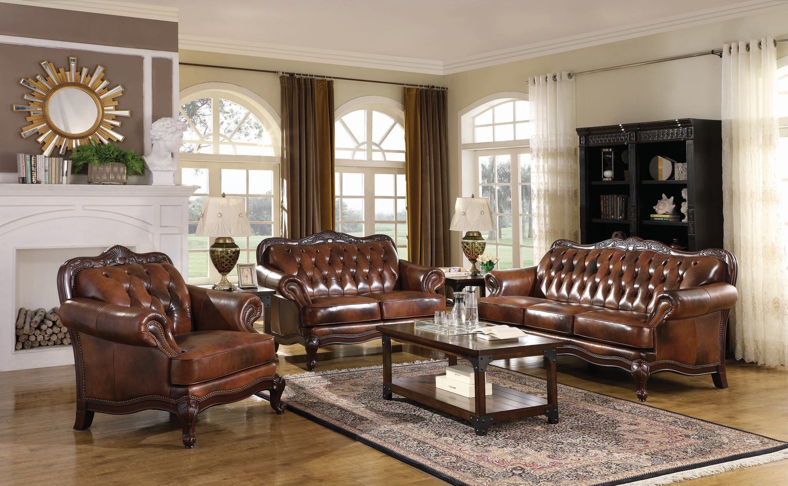 Victoria Living Room Set In Tri-Tone And Warm Brown